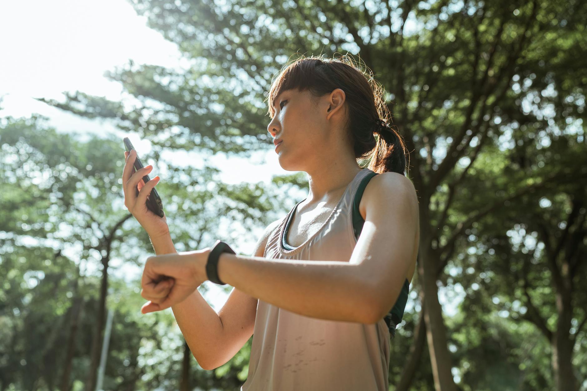 From below of concentrated young Asian sportswoman in back lit wearing gray sports top surfing mobile phone and using tracker during workout in sunny summer park